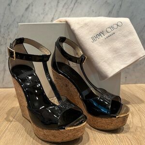 Jimmy Choo 121Pela Black Patent Leather and Cork Wedge Sandals